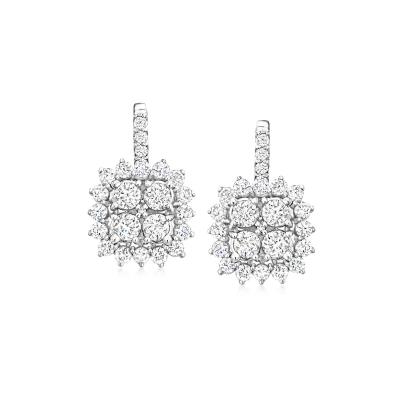 Diamond cluster drop earrings in white gold with post backs