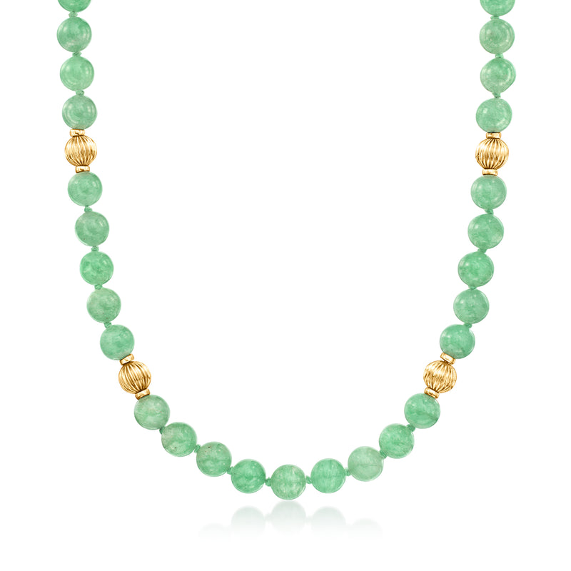Green aventurine bead necklace with 18kt yellow gold round bead accents, string style.