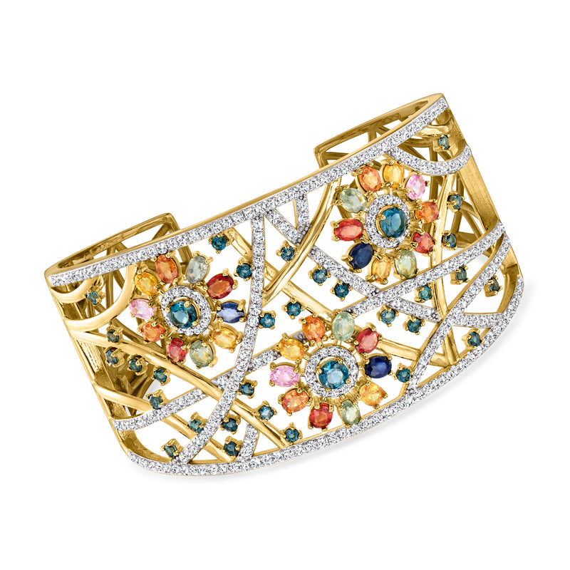 Gold over sterling floral cuff bracelet with multi-color gemstones and diamond accents