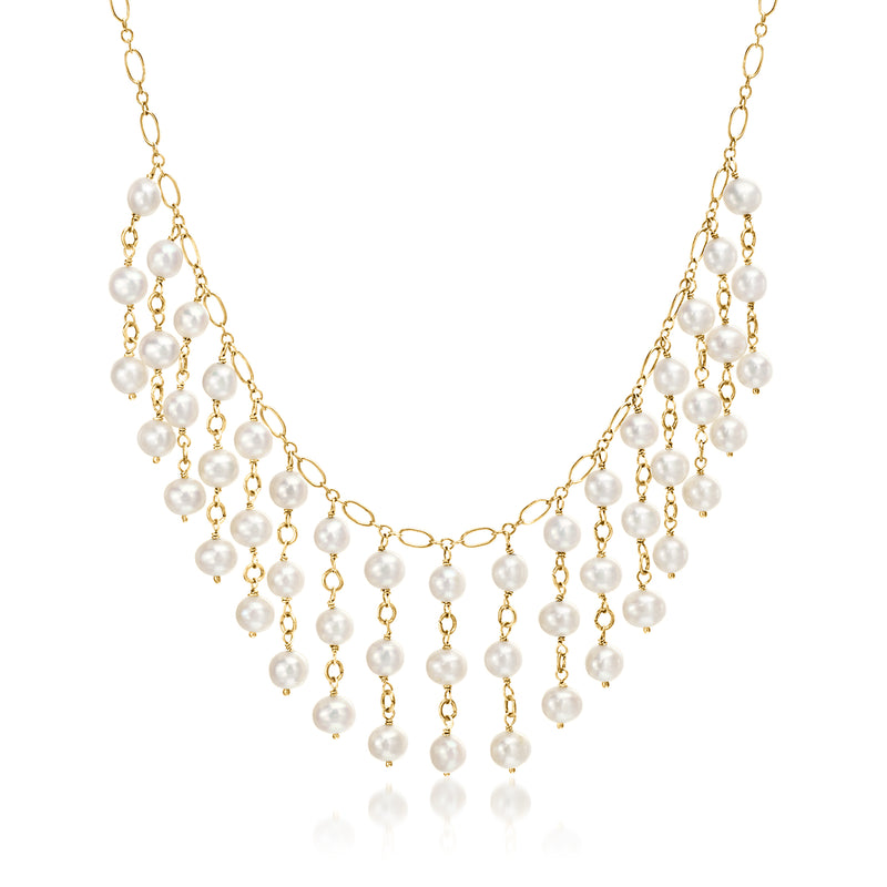 14kt yellow gold bib necklace with cascading white cultured pearls