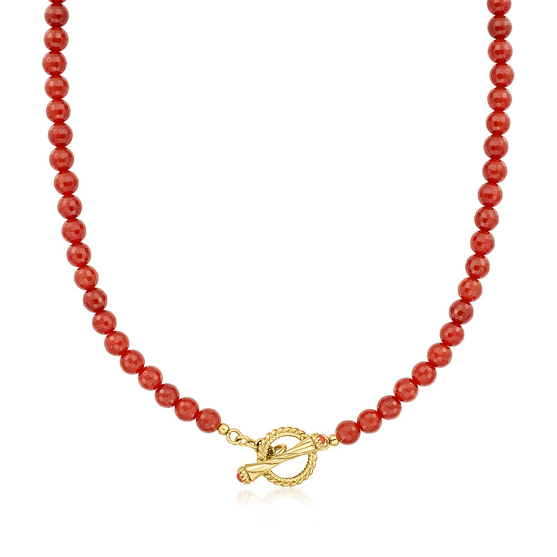 Carnelian bead necklace with 18kt gold over sterling toggle clasp, red bead strands