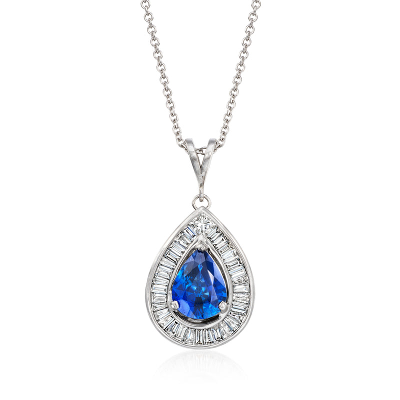 18kt white gold teardrop sapphire pendant with diamond halo