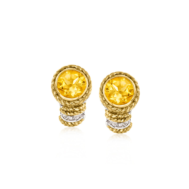 18kt yellow gold curved earrings with round citrine and diamond accents, stud style