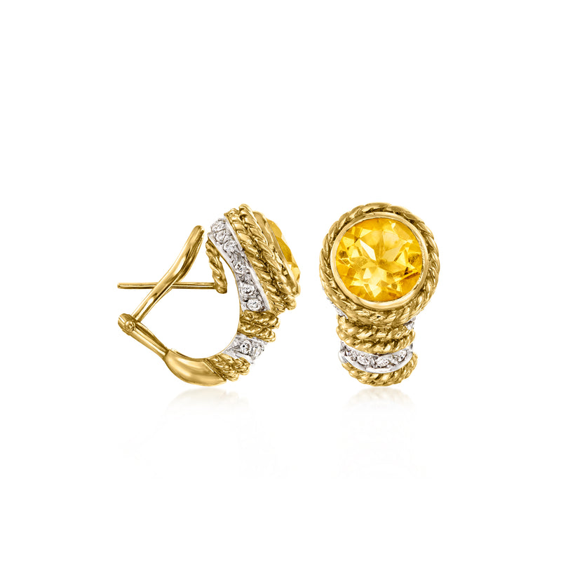 Curved gold stud earrings with round citrine, braided setting, and diamond detail row