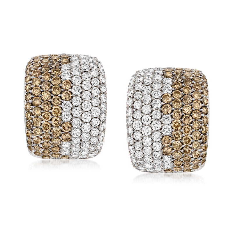Two-tone diamond hoop earrings with curved square design, white and brown stones on white gold