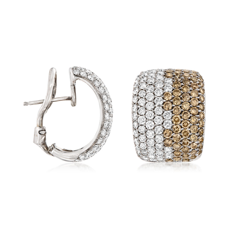 Curved square diamond clip/post earrings, white border with brown diamond sections on white gold
