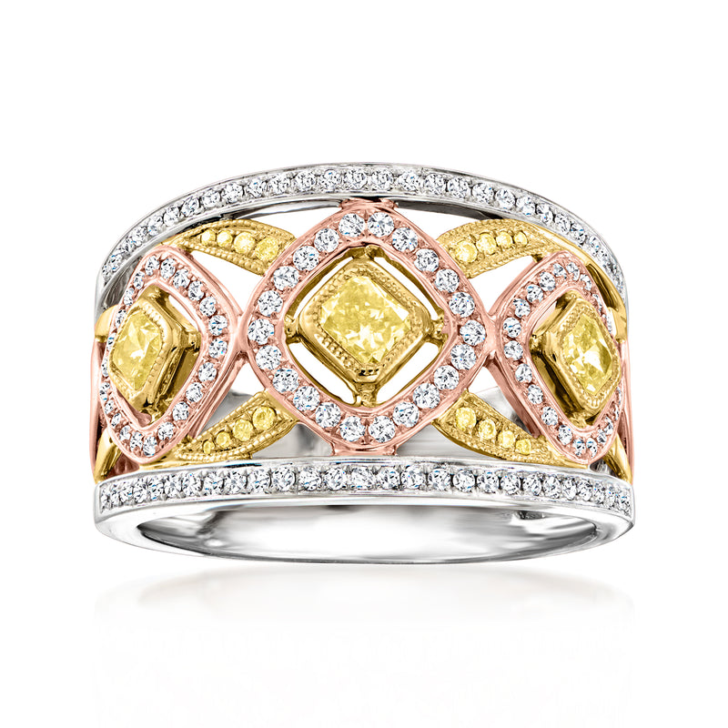 Tri-colored gold diamond ring with yellow center stones and white diamond border