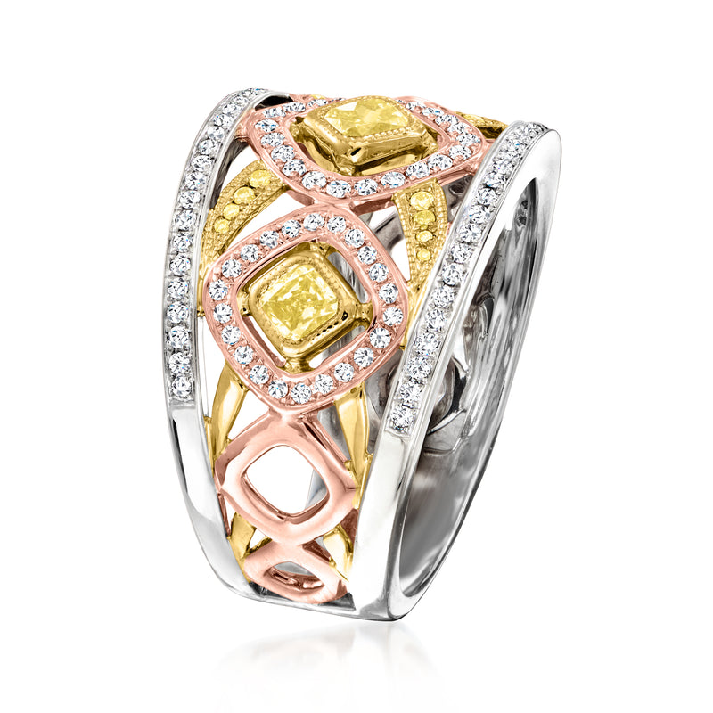 Tri-colored gold diamond ring side view, yellow stones in pink gold with white pave