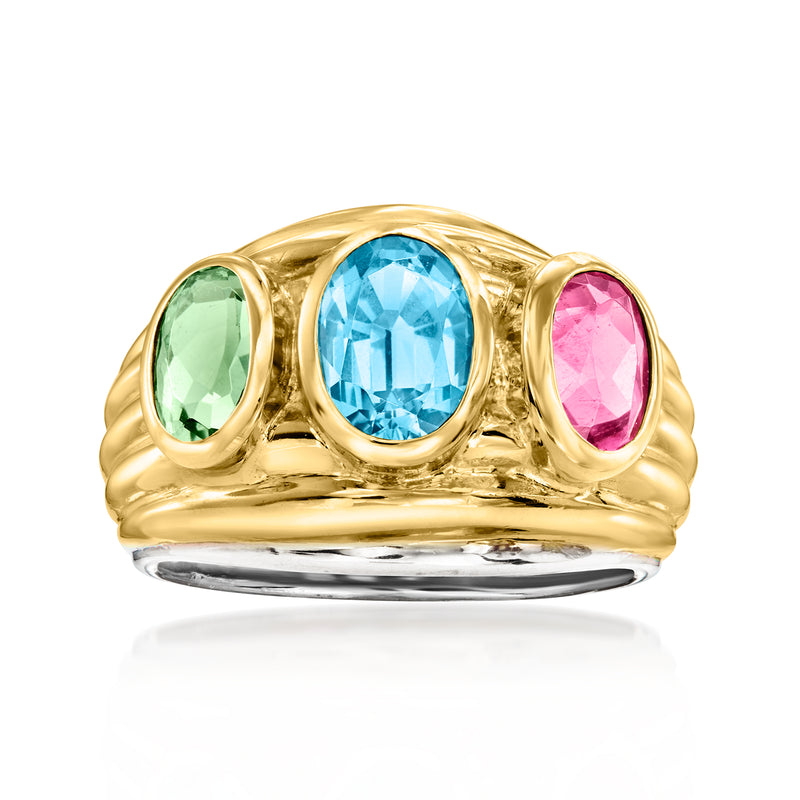 Two-tone gold vintage ring with oval blue, green, and pink gemstones