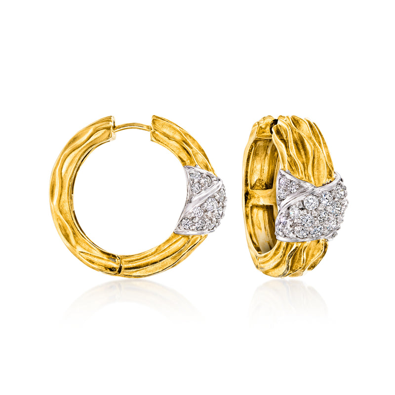 Diamond hoop earrings in yellow gold with platinum inset and textured hoop surface