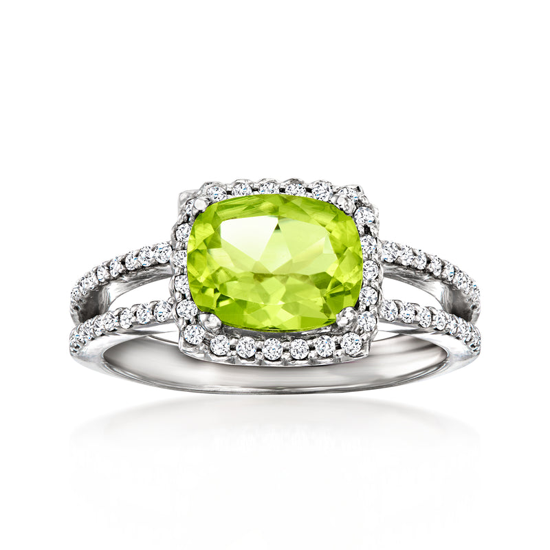 14kt white gold ring with green peridot and diamond halo, pave band