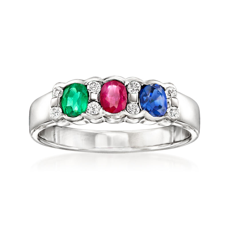 Vintage platinum band ring with three colorful gemstones and small diamond accents