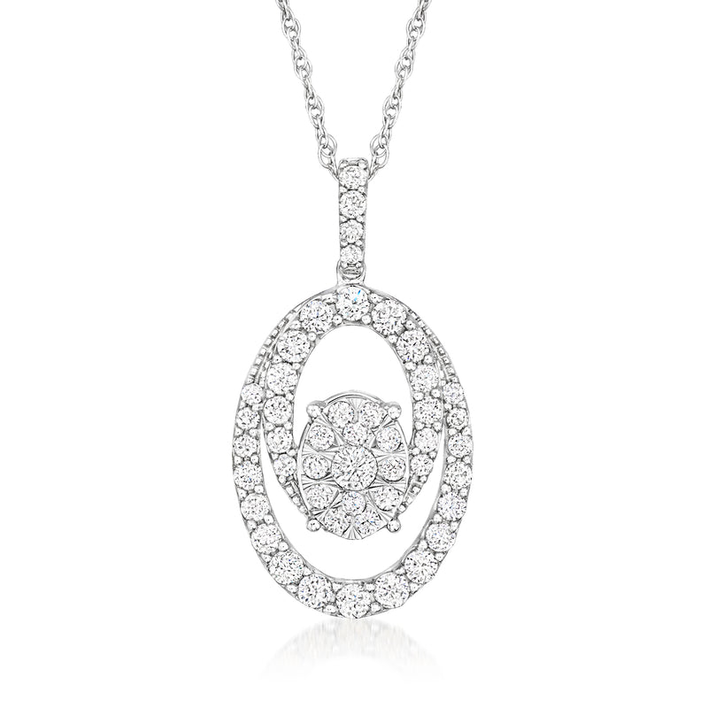 Diamond oval pendant necklace in 14kt white gold, oval halo with center cluster