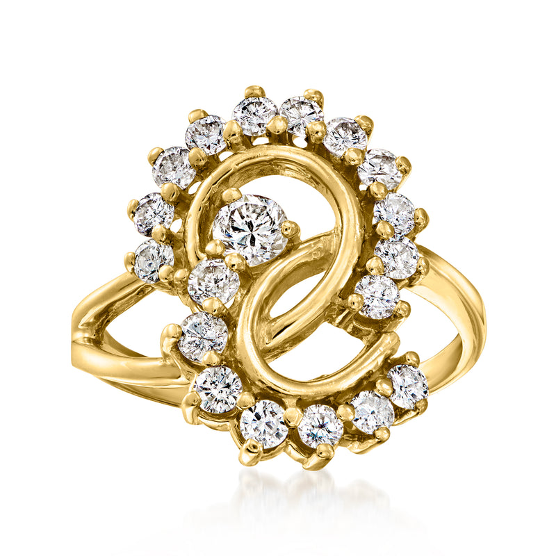 14kt yellow gold swirl diamond ring with round pave stones and central diamond
