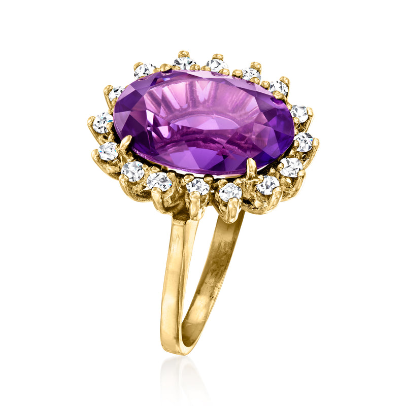 Oval amethyst and diamond halo ring in 14kt yellow gold, side view