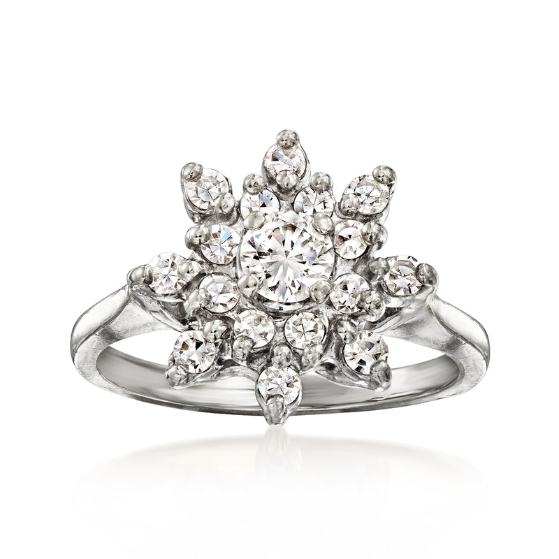 14kt white gold diamond snowflake ring with clustered round stones, side view