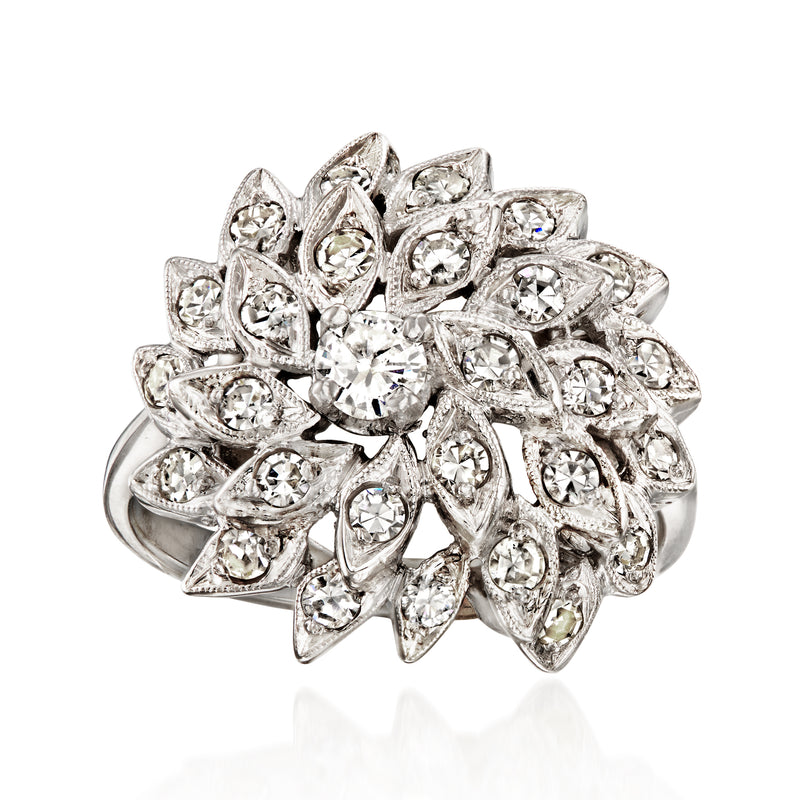 14kt white gold diamond swirl cluster ring with round-cut stones and ornate scrollwork