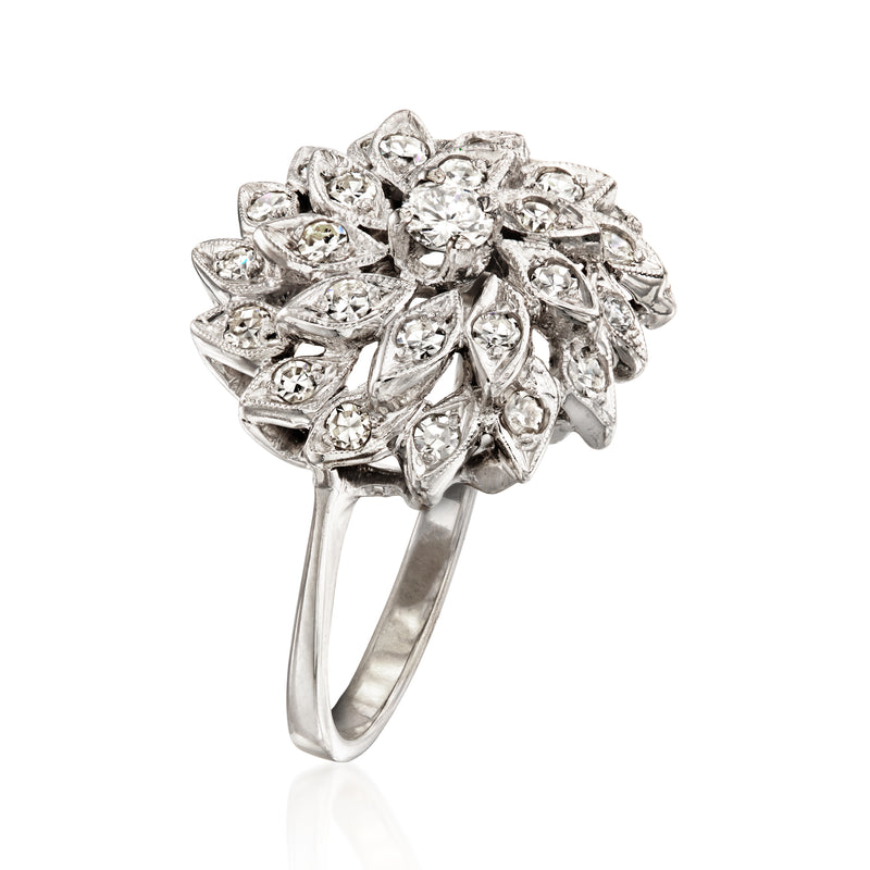 14kt white gold diamond swirl cluster ring, layered rounded petal shapes with round stones