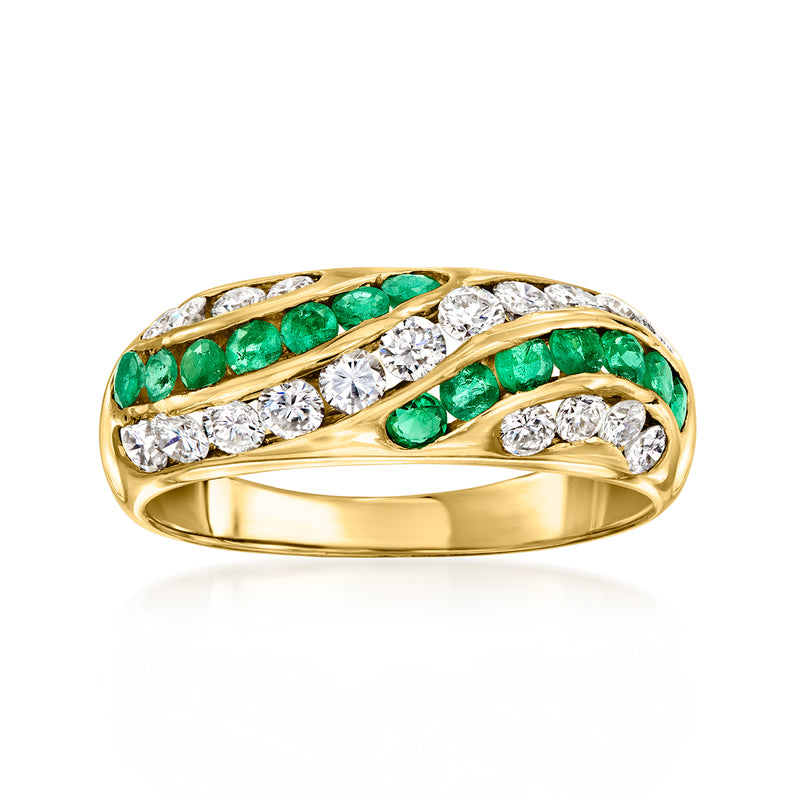 18k yellow gold ring with green emerald rows and clear diamond accents