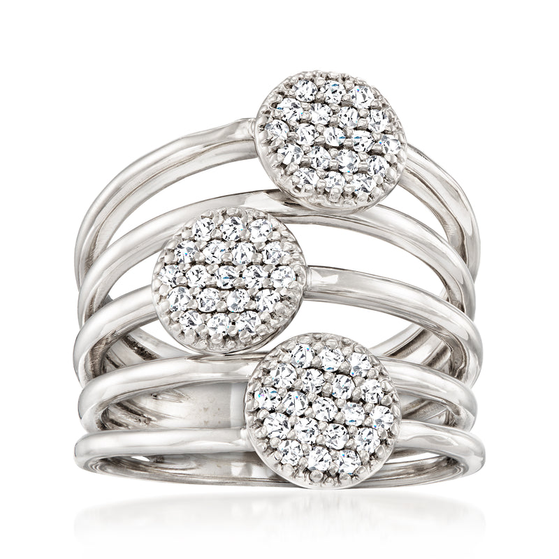 Multi-row diamond circle ring in 14kt white gold with three pavé round clusters