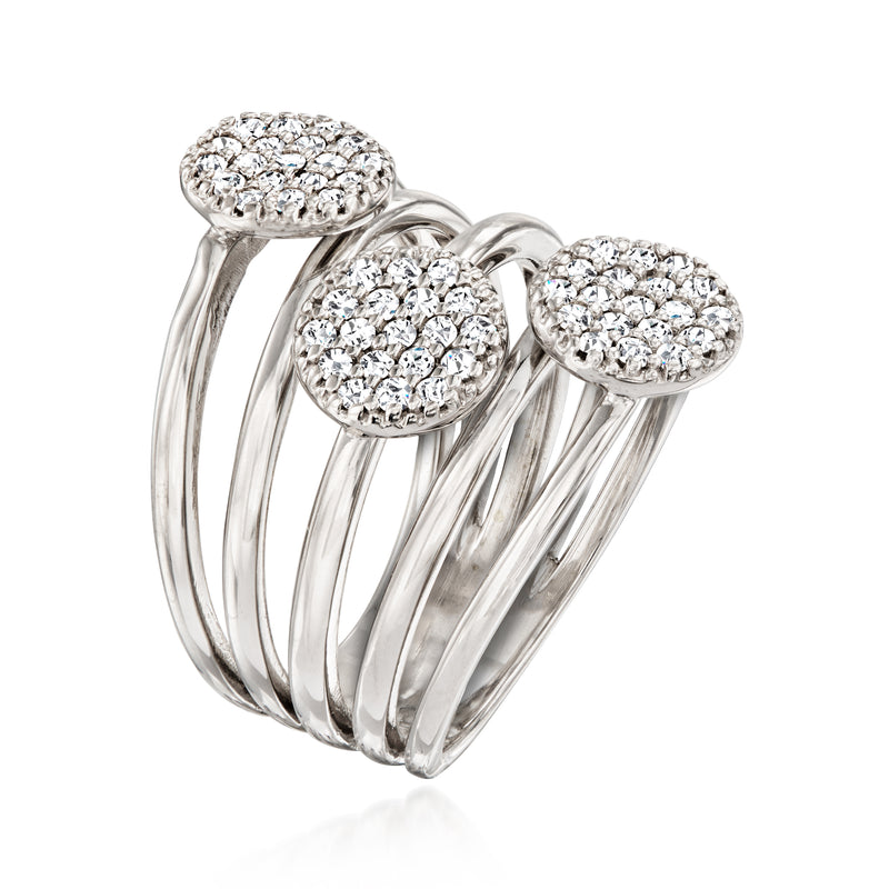 Side view vintage diamond circle multi-row ring in 14kt white gold with three round clusters