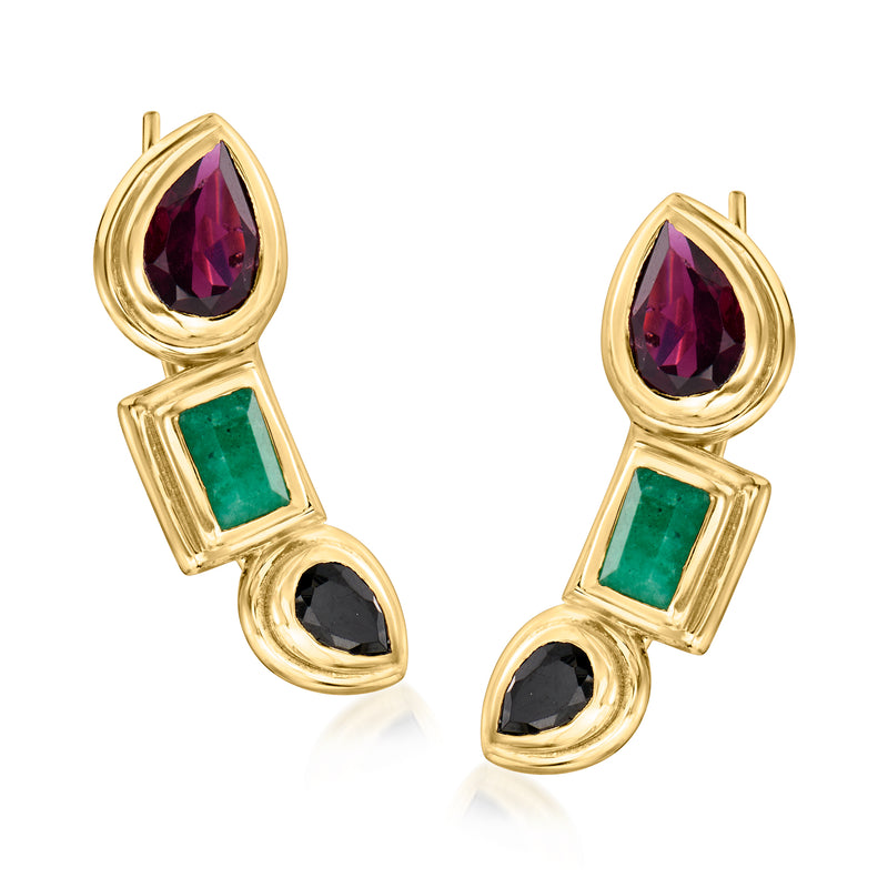 Gold ear climber earrings with maroon, emerald green, and black stones