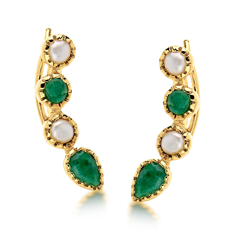 18kt gold-over-sterling ear climbers with green emerald marquise and white cultured pearls