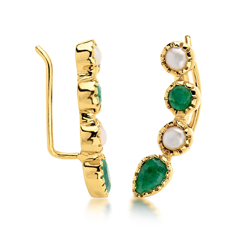 Gold over sterling ear climber earrings, hinged earwire with pearls and green stones
