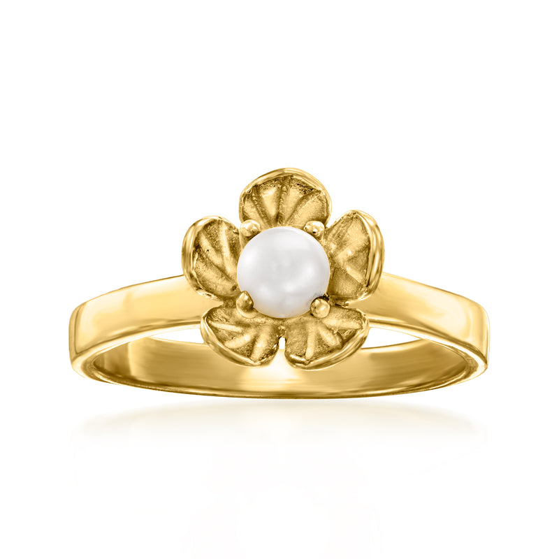Gold-tone floral ring with a round white cultured pearl centerpiece
