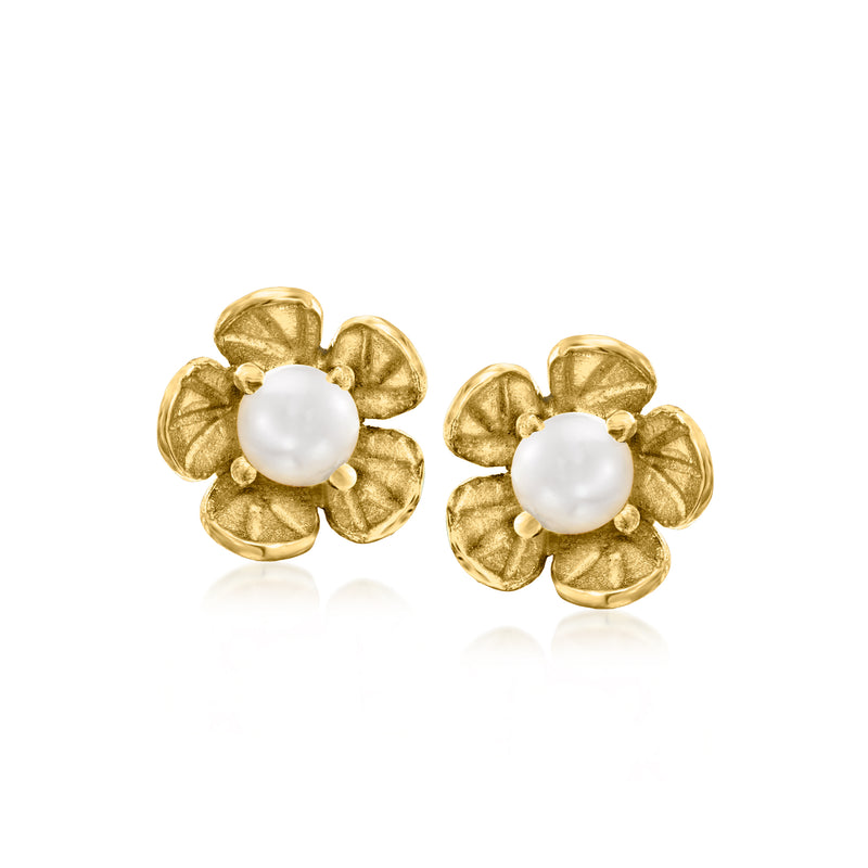 Pair of gold-tone floral stud earrings with round white cultured pearls