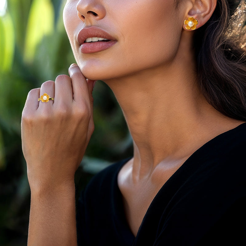 Gold-tone floral earrings and matching ring with round white cultured pearls