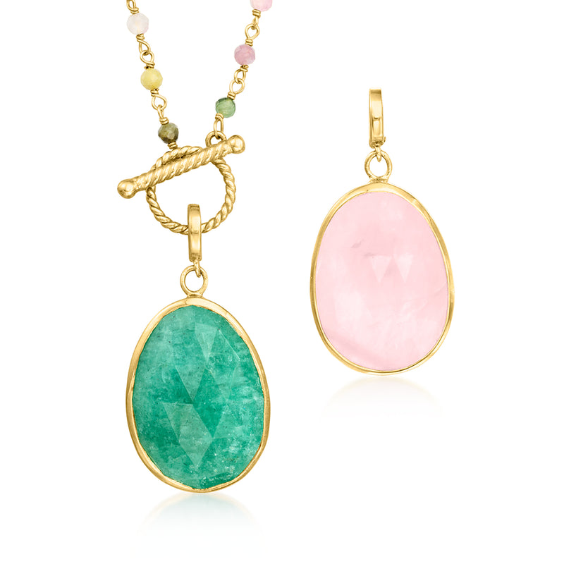 Gold-tone bead necklace with oval green and oval pink interchangeable pendant