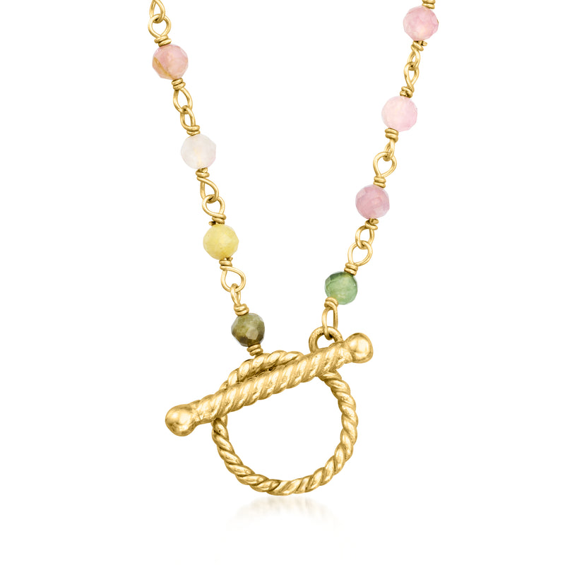 Gold-tone beaded toggle necklace with braided charm loop and multicolor beads