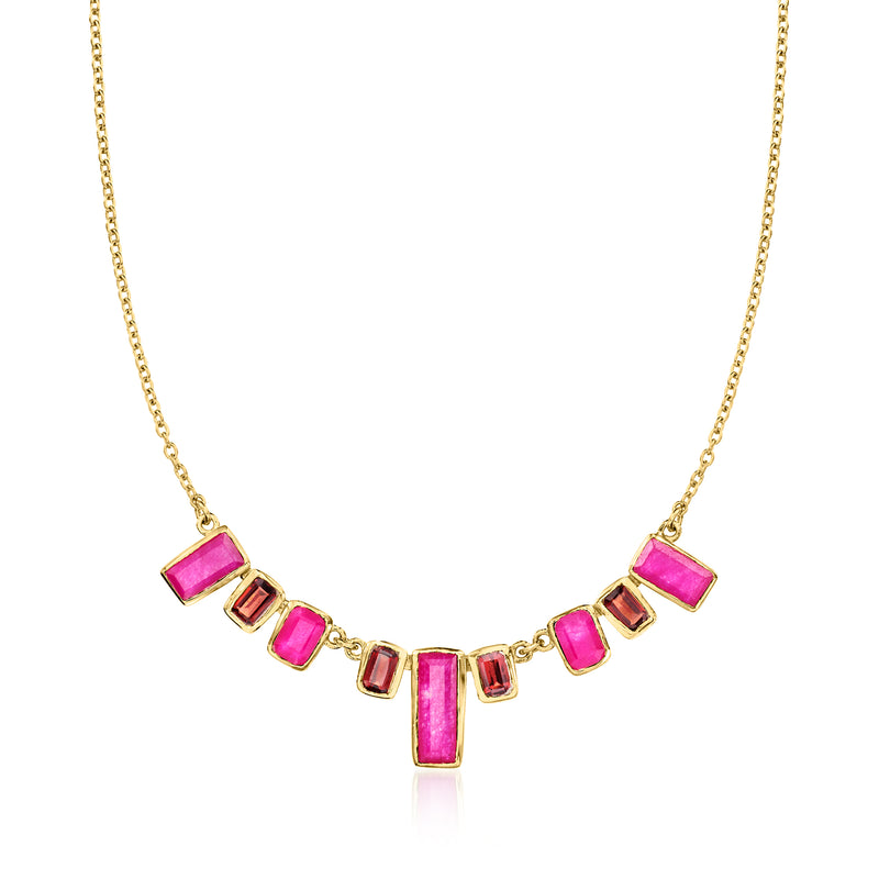 Gold-tone necklace with pink and red square-cut stones and a central pink bar