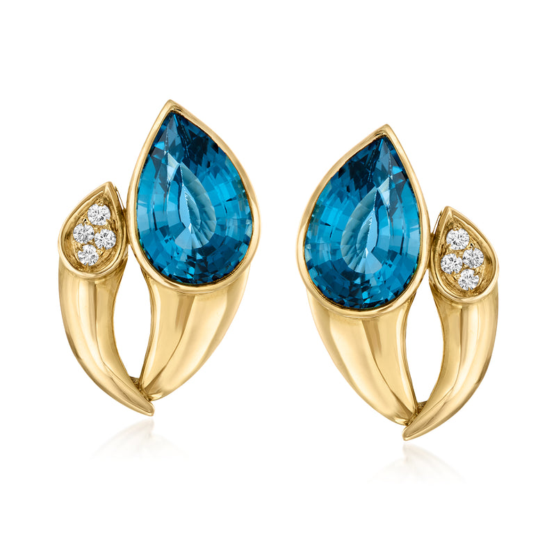 18kt yellow gold hoop earrings with pear-cut blue topaz and diamond accents