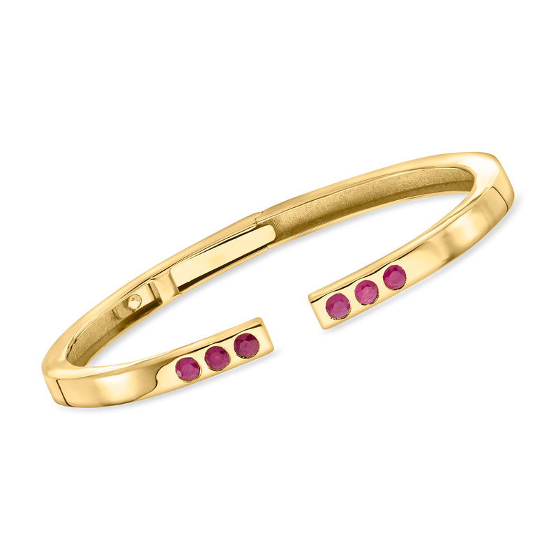Gold ruby cuff bracelet with bezel-set pink gemstone rows