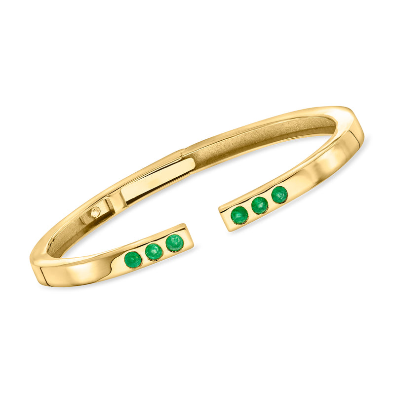 Gold over sterling emerald cuff bracelet with three green stone rows