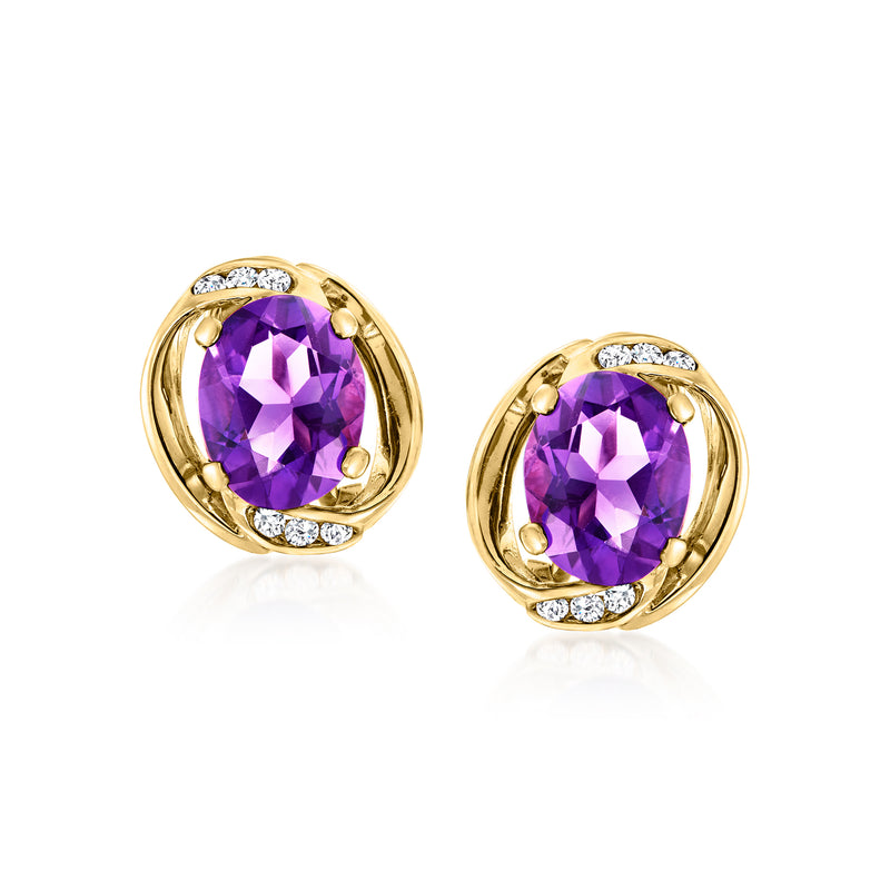 Vintage amethyst and diamond stud earrings in 14kt yellow gold with purple oval stone