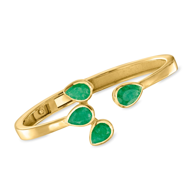 Gold-tone emerald cuff bracelet with four green teardrop stones