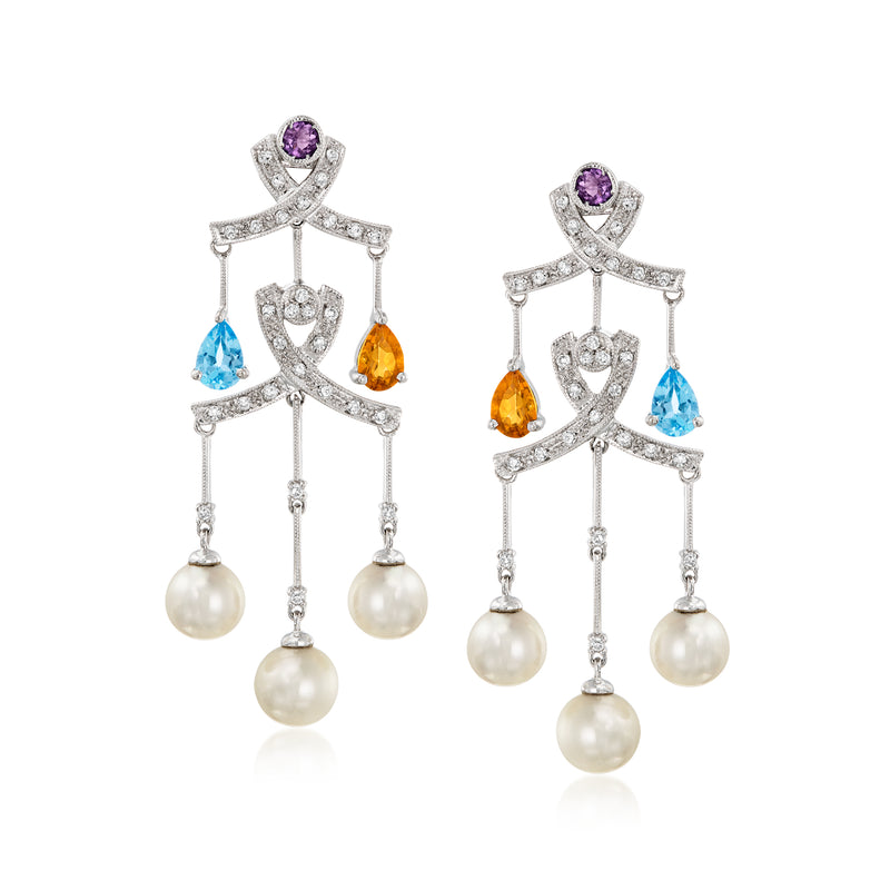 White gold chandelier earrings with pearls, multi-gemstones, and diamond accents.