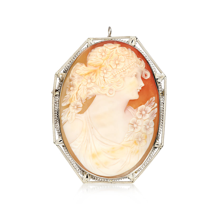 Vintage brown shell cameo pendant in 14kt white gold, oval woman profile with floral relief