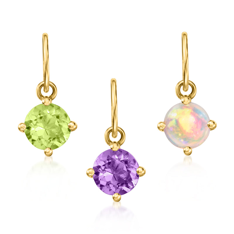 14kt yellow gold birthstone charm set with round green, purple, and opal stones