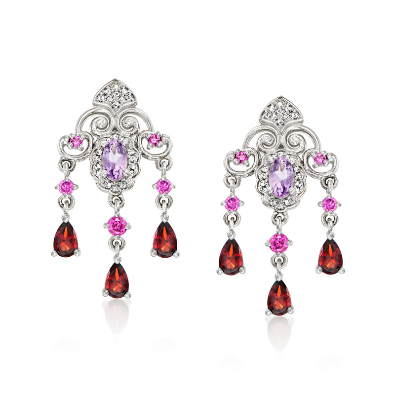 Sterling silver chandelier drop earrings with oval purple gemstone and pink red drops