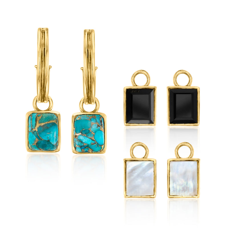Gold hoop drop earrings with turquoise, black, and white square gemstone drops