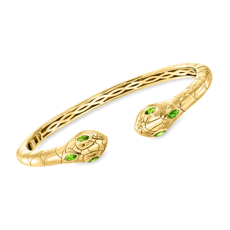 18kt gold over sterling snake cuff bracelet with green chrome diopside eyes