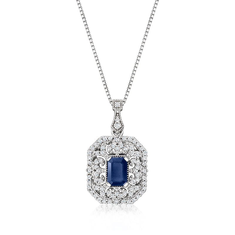 Sterling silver vintage-style pendant necklace with blue sapphire and lab-grown diamond halo