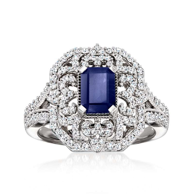 Sterling silver vintage-style ring with square blue sapphire and diamond halo
