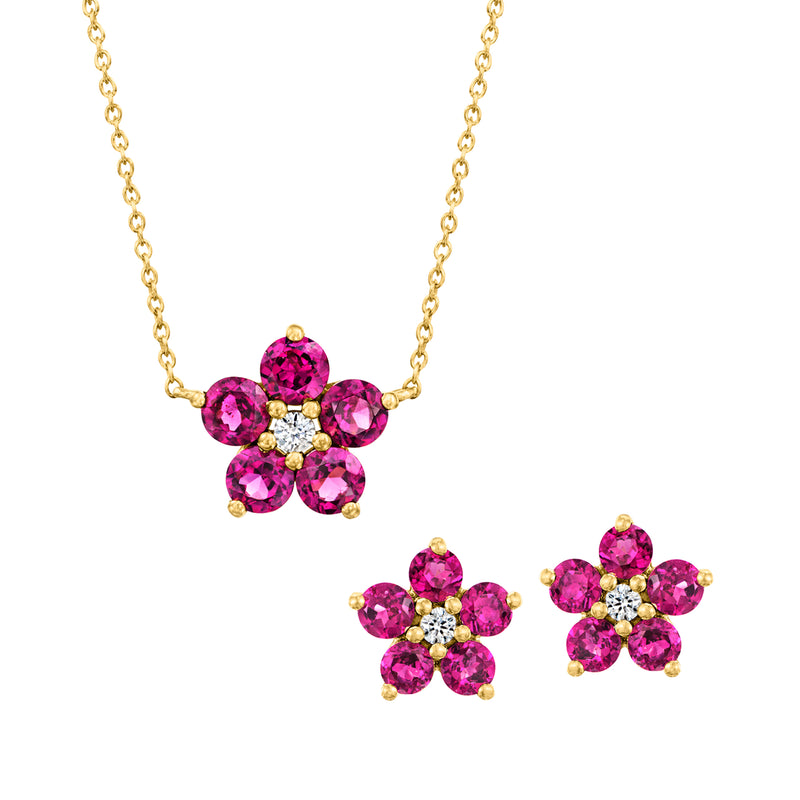 18kt gold over sterling flower jewelry set with pink rhodolite gems and white zircon accents