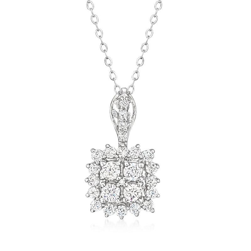 White gold diamond cluster pendant necklace with circular halo of round stones