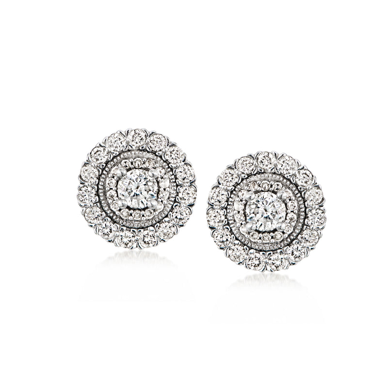 Round diamond cluster stud earrings in white gold, halo design with post backs